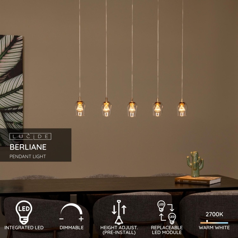 Lucide BERLIANE - Závesné svietidlo - LED Dim. - 5x3W 3000K - Transparent